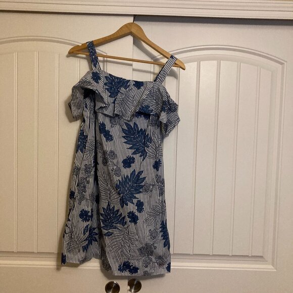 Tommy Hilfiger Sundress Size Small Blue and White Stripes Floral Print Ruffle - Picture 1 of 3